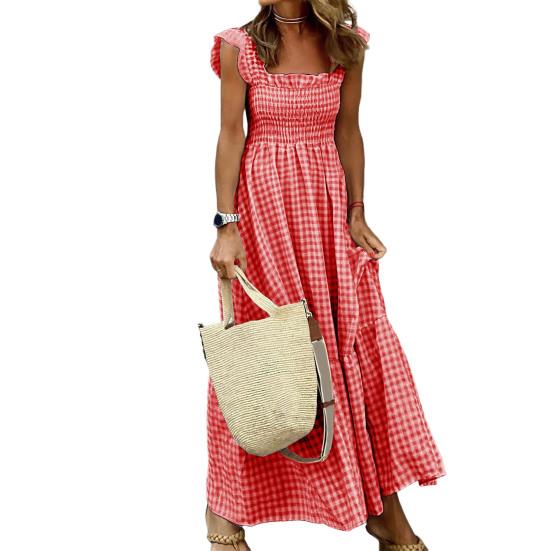 Square Collar Sleeveless Ruffle Trim Summer Dress Plaid Print Stitching Large Hem