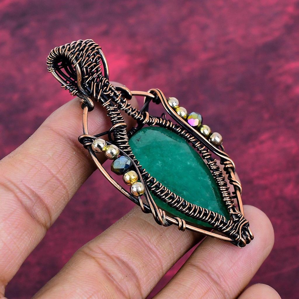 Faceted Zambian Emerald Gemstone Pendant Handmade Copper Wire Wrapped Jewelry
