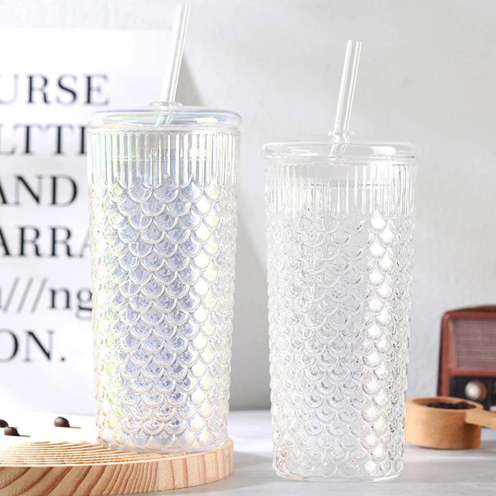 720ml New Corrugated Glass Cup With Lid and Straw Transparent Glasses Mug Iced Coffee Cup For Juice Milk Tea Water Cup Drinkware