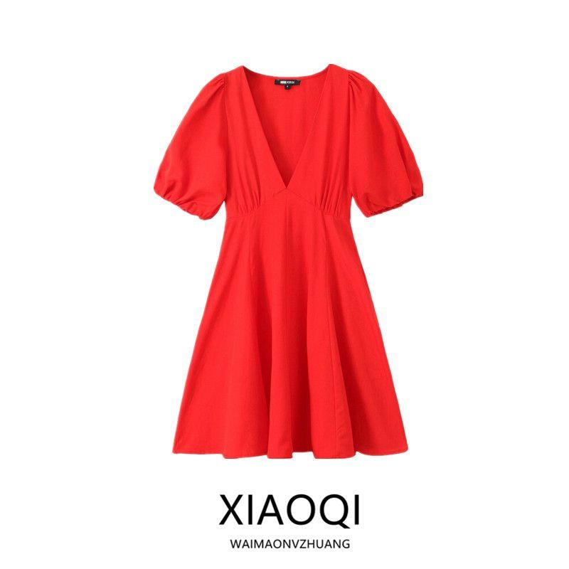 Fashion Style 2024 Summer New Arrival Women's Clothing V Neck Plaid Slim Looking Fluffy Sleeve Mini Dress 9878161