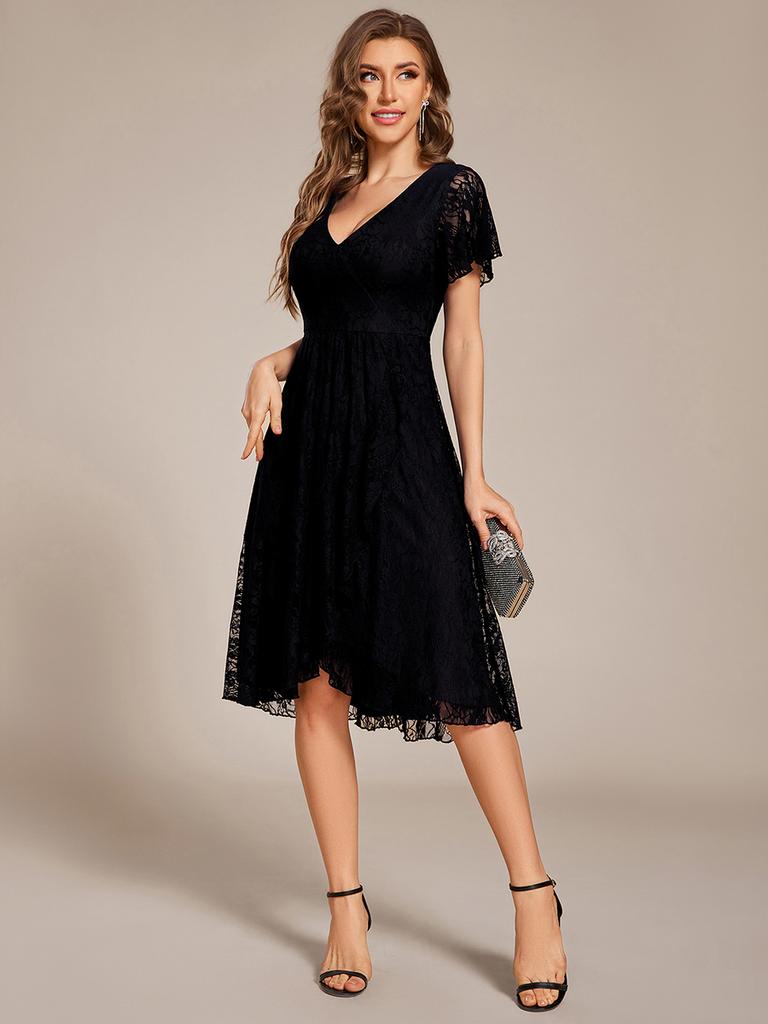 Ever-Pretty Women's V-Neck Short Sleeve Ruffled Lace Lotus Hemline Midi Wedding Guest Dress