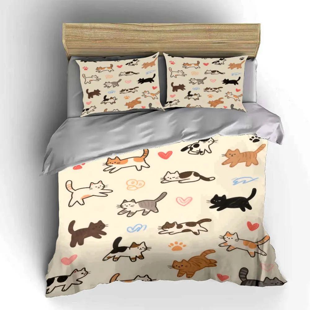 Cute Cat Pattern Decorative Set Bedding Set with 1 Duvet Cover 2 Pillowcases Single Double King Queen Gift