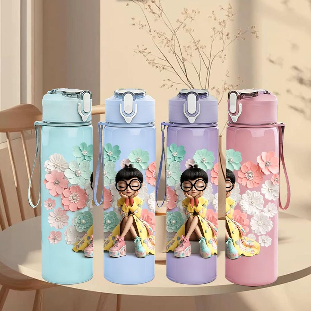 1PC Little Girl Prayer Floral Surround Print 750ml Color Plastic Sports Water Bottle Leakproof Flip Straw Lid Suitable for Sports Office Home Use