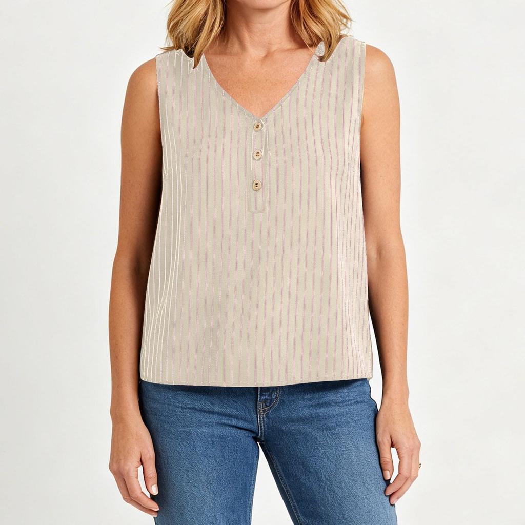 Women Sleeveless Pullover Top Loose Fit V Neck Button Detail Casual Summer Blouse Lightweight Breathable Fabric Comfortable Fit
