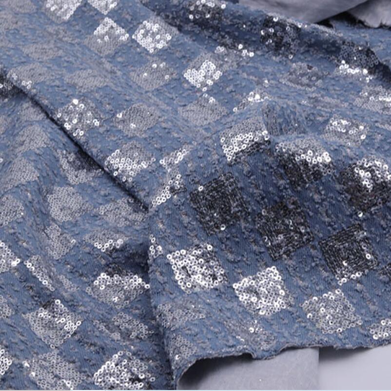 

Glitter Checkerboard Denim Fabric with Sequin Embroidered Beads Washed High-grade Materials For Dress Skirt Bag Garment DIY 50x150cm