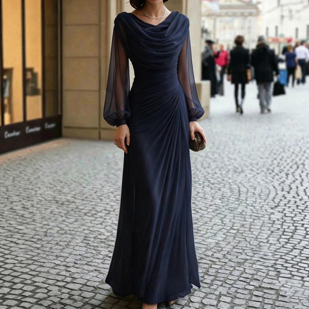 Vestido de Noite Feminino Colorido com Gola Alta Dobrada, Manga Longa, Pregueado e Ajustado