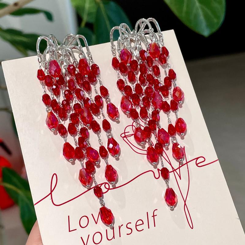 Luxurious Red Crystal Tassel Stud Earrings - Exaggerated Court Style