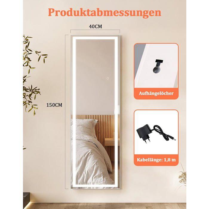 NETTLIFE Full-length Mirror with Integrated Lighting 150 Cm Freestanding/Wall Mount Clear Glass Sensitive Touch Sensor