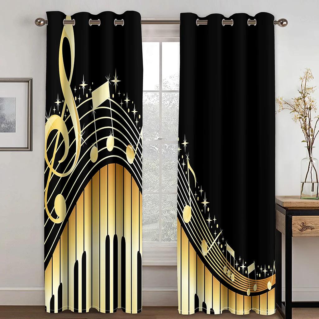 3D Piano Black and White Notes Romantic Innovative Curtains Living Room Kitchen Bedroom Balcony Window Decor Curtains 2 Panels