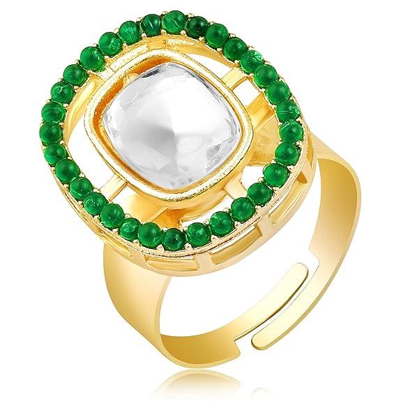 Gold Plated White Synthetic Stone & Green Beads Studded Adjustable Finger Ring Fashion Jewellery for Women