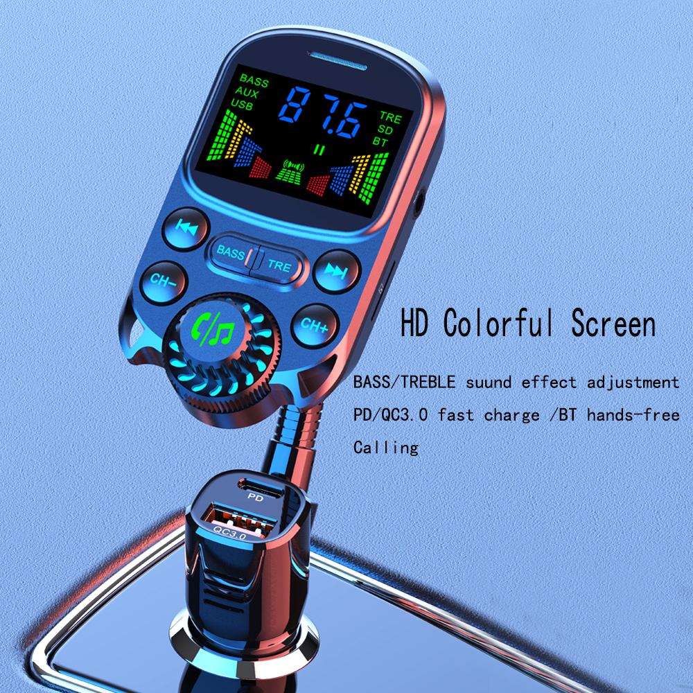 Renkli Araç Şarj Cihazı FM Verici Bluetooth Kablosuz Eller Serbest Ses MP3 Müzik Çalar PD Type-C QC 3.0 Hızlı Şarj Cihazı Aksesuarları
