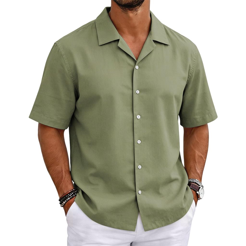 Men's Short Sleeve Cuban Collar Shirt Button Down Casual Lightweight Summer Shirt with Relaxed Fit Breathable Fabric