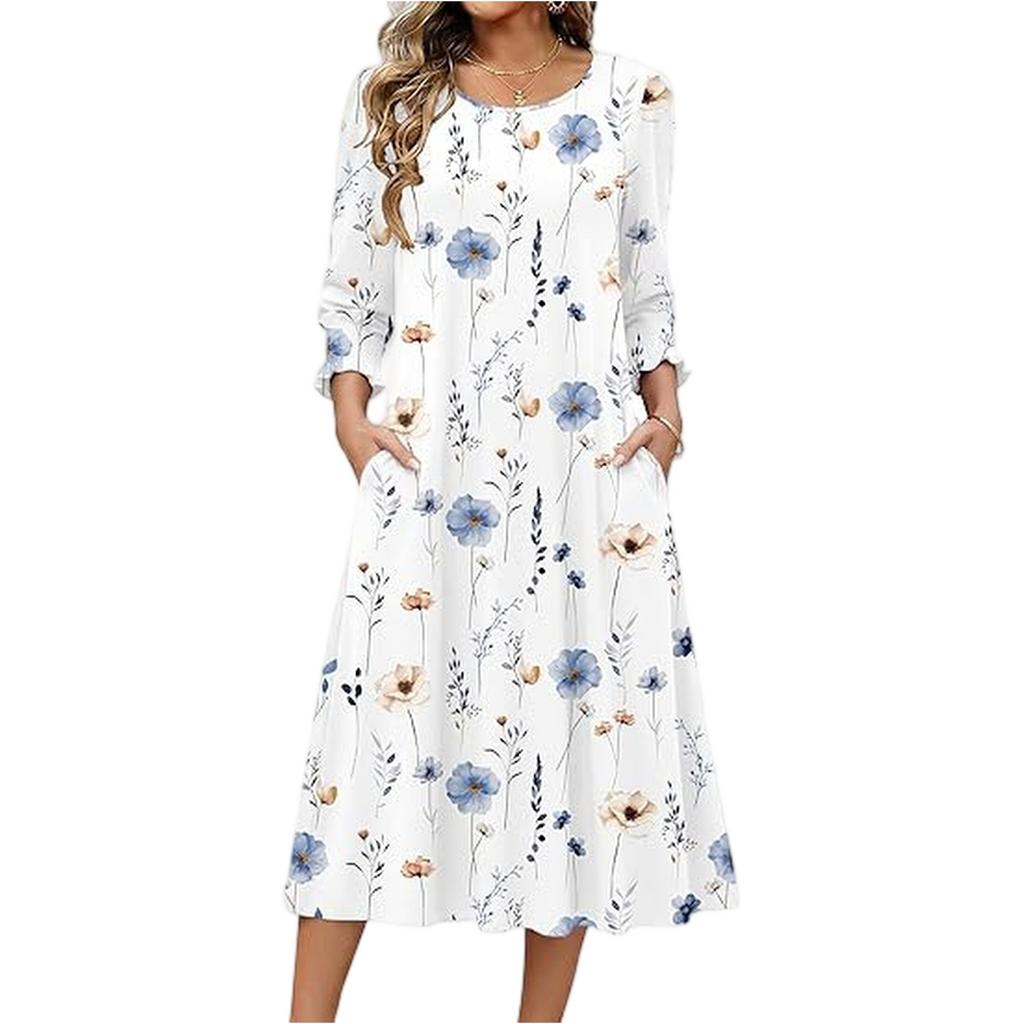Women's Fashion Pocket Half Sleeve Floral Mid,length Casual Dress