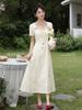 Elegant apricot French short-sleeve dress for women, slimming square neck long A-line dress for summer