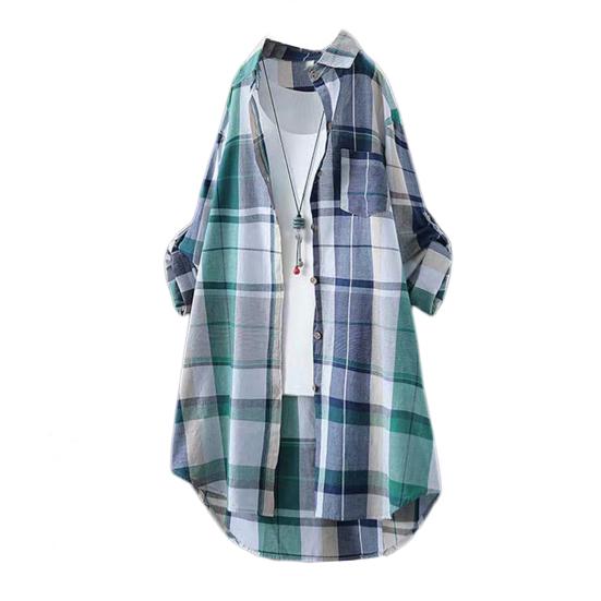 Women Shirt Lapel Long Sleeve Colorful Plaid Print Shirt with Pocket Loose Fit Mid-length Single-Breasted Shirt