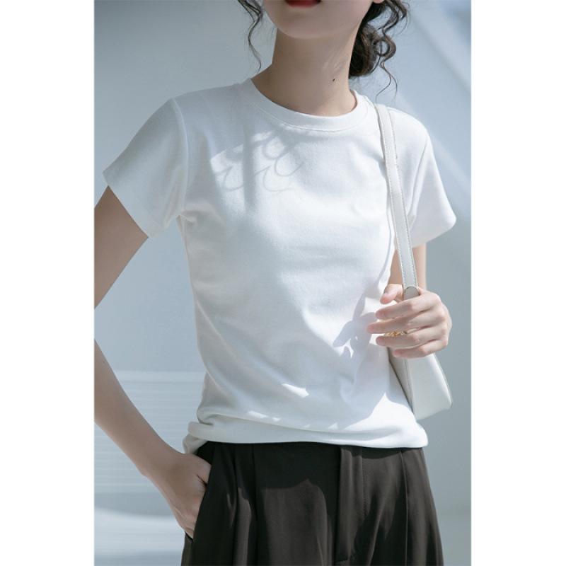 High-quality shoulder round neck slim-fitting and thin foreign-looking simple solid-color niche top S
