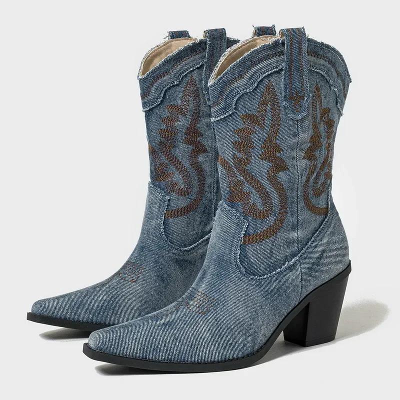 Damen Bestickte Denim Stiefeletten Hoher Dicker Absatz Westernstiefel für Büro Nachtclub Party Gesellschaftliches Treffen Geburtstagsfeier OL