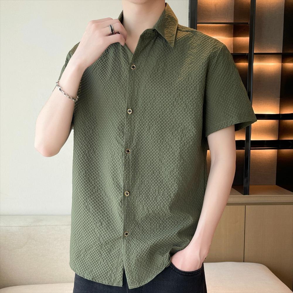 Men's Summer Short-sleeved Shirt, Elastic Casual Checked Shirt