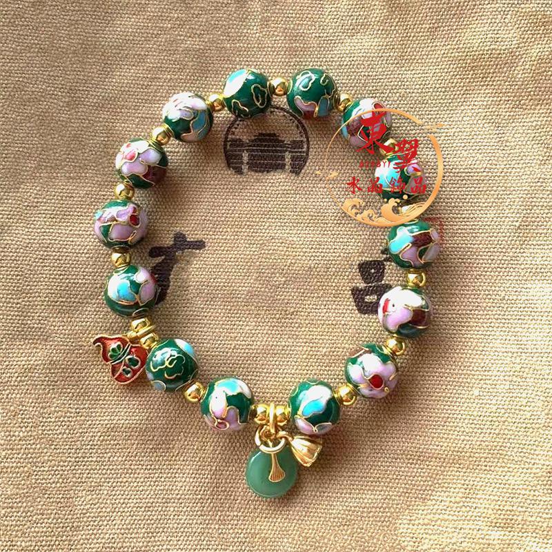Green Cloisonné Gourd Bracelet with Lotus and Blooming Flowers Design