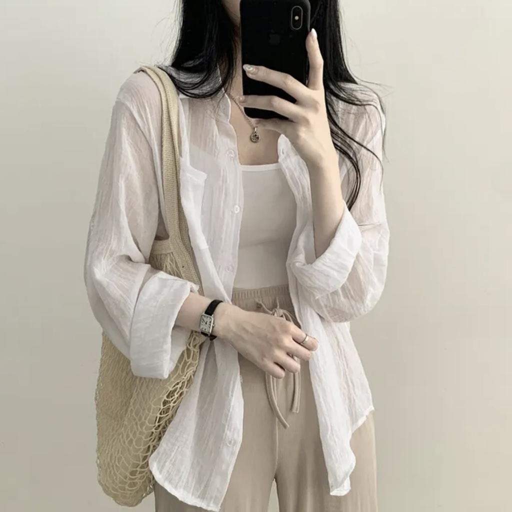 Summer Ice Cream Color Loose Long Sleeve Women's Shirt Sun Protection Folded Design Commute Style Thin Material Pure Color