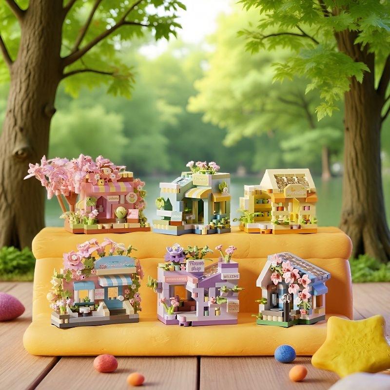 Non-Toxic Flower Shop Food House Building Blocks Kit Mini City Street View Home Decor Children Assembly Bricks Model Kids Educational Toy