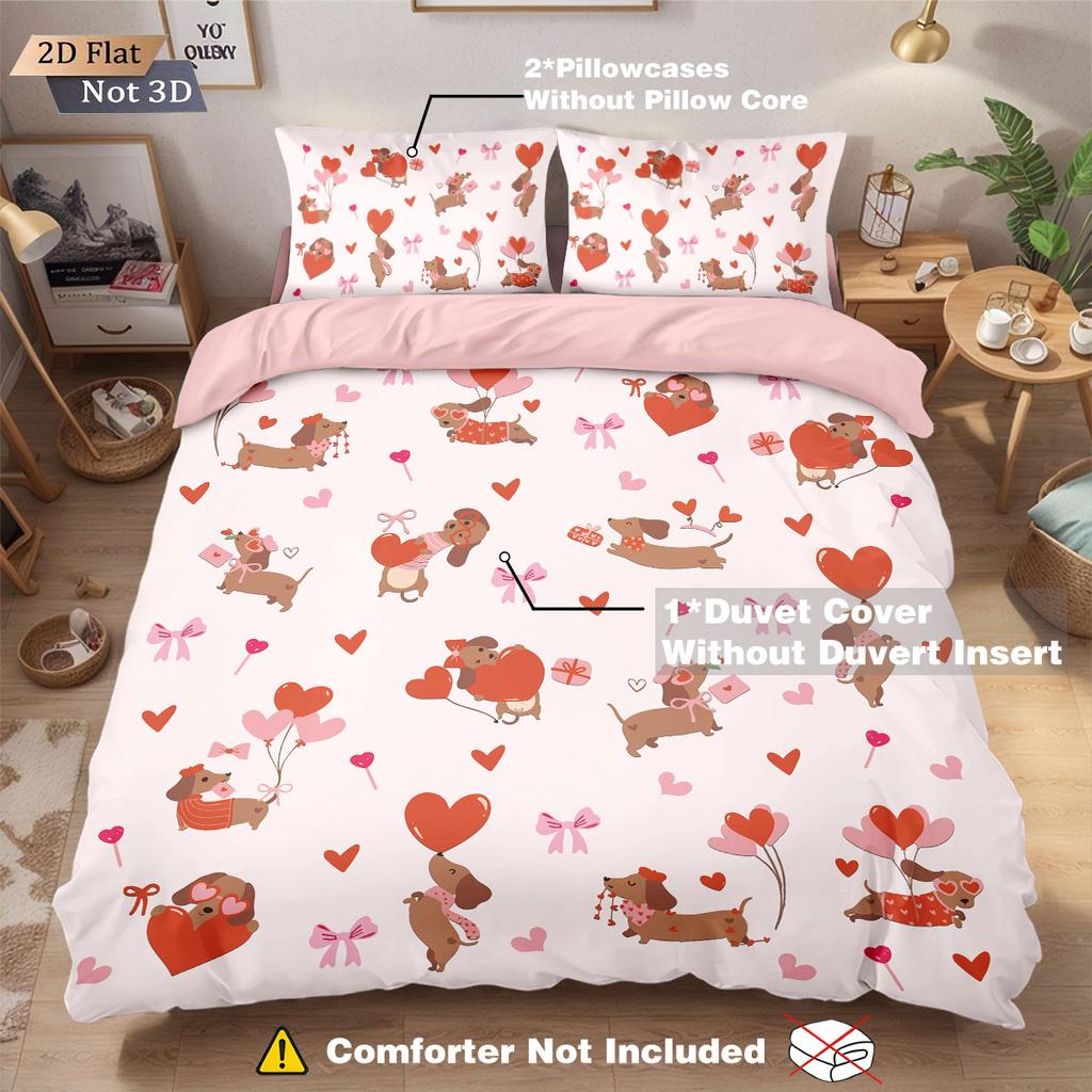 3pcs Romantic Valentine's Day Pink Love Sausage Dog Printed Chipless Quilt Set Multi Size Bedroom Bedding Festival Decoration