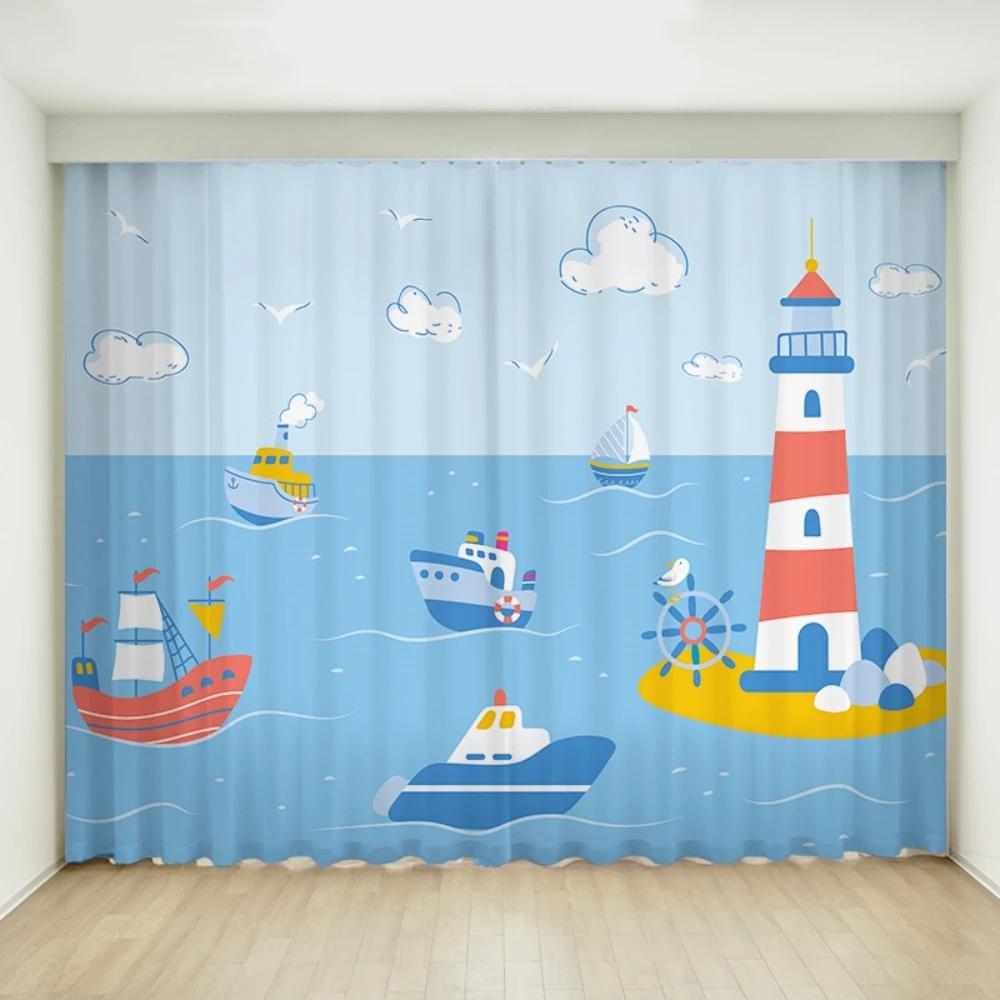 Fashion Modern Simple Cartoon Sailboat Ocean Boy Children's Bedroom Thin Curtain 2 Pieces Grommet Top Hook High Shading New