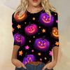 Women's Casual Three Quarter Sleeve Halloween Print Crew Neck Top Lightweight Comfortable Fit Seasonal Graphic Shirt for Everyday Wear