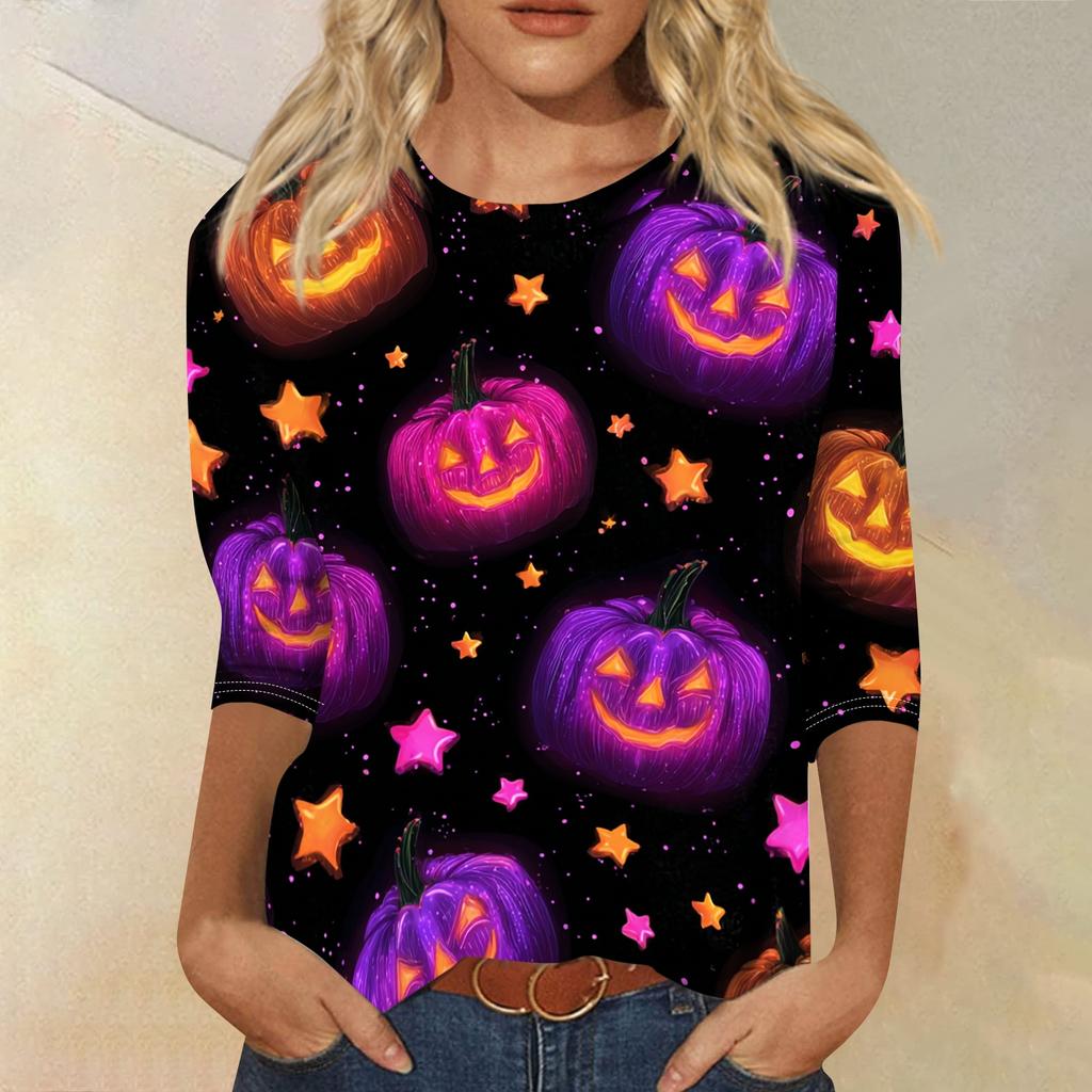 Women's Casual Three Quarter Sleeve Halloween Print Crew Neck Top Lightweight Comfortable Fit Seasonal Graphic Shirt for Everyday Wear