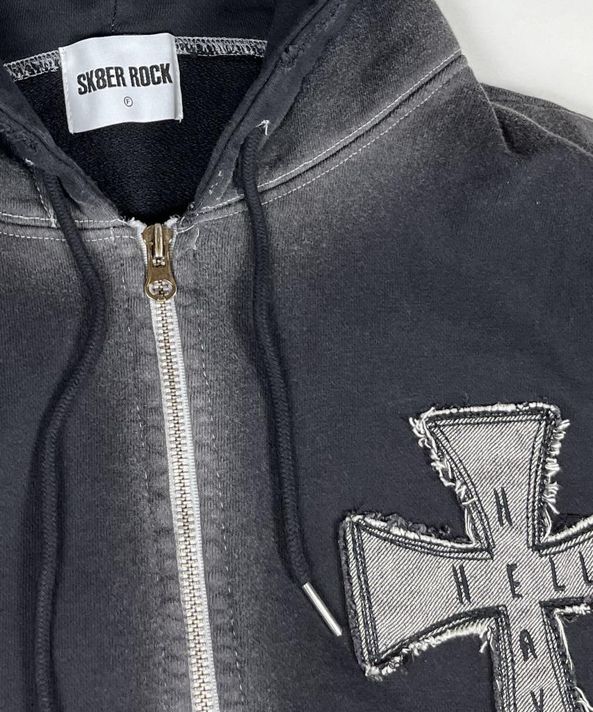 Sk8Er Rock Hölle Himmel Kreuz Vintage Sweat Kapuze Reißverschluss ((Schwarz))
