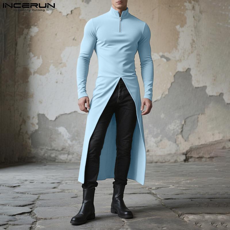 INCERUN Men Turtleneck Long Sleeve Zip-ip High Splits Long Tunic Tops Pullovers