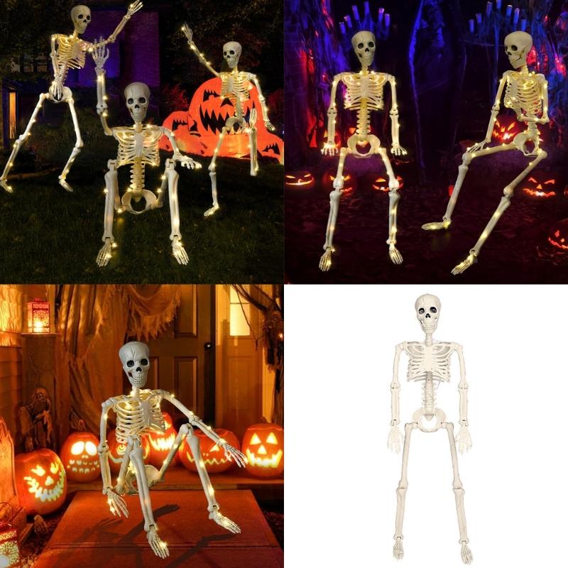 Poseable Full Body Human Skeleton Decors Haunting Halloween Party Skeleton with LED Green Lights for Scary Atmosphere