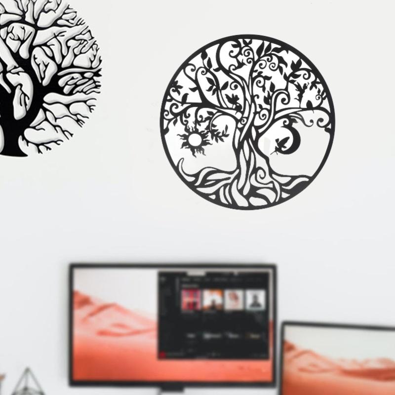 Tree Of Life Wall Art 11.8in Round Decorative Metal Wall Plaque For Living Room Bedroom Indoor Outdoor Black