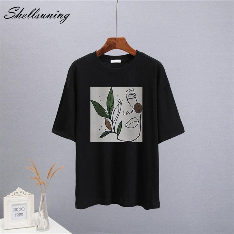 Shellsuning Abstract Character Graphic T Shirts Women Summer Soft Cotton Short Sleeve Tees Female Harajuku Chic Streetwear Tops