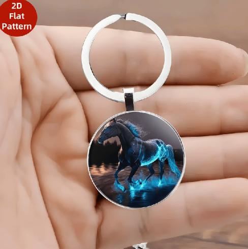 

Round pendant keychain with a running horse design one size