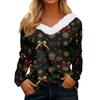Women's Long Sleeve Christmas Print V Neck Top with Fuzzy Collar Winter Holiday Blouse