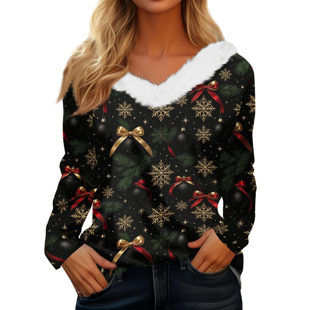 Women's Long Sleeve Christmas Print V Neck Top with Fuzzy Collar Winter Holiday Blouse