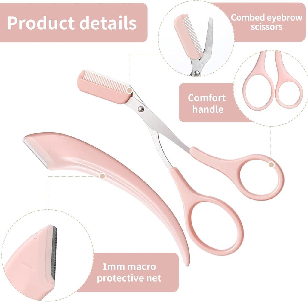 Precision Eyebrow Trimmer Set Stainless Steel Scissors Comb Curved Razor Facial Hair Remover Grooming Kit Unisex Beauty Tools