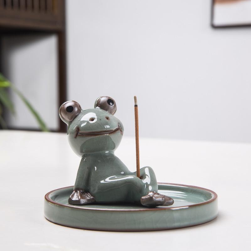 Zen Frog Ceramic Incense Burner and Holder - Ge Kiln Style for Home or Office Decor
