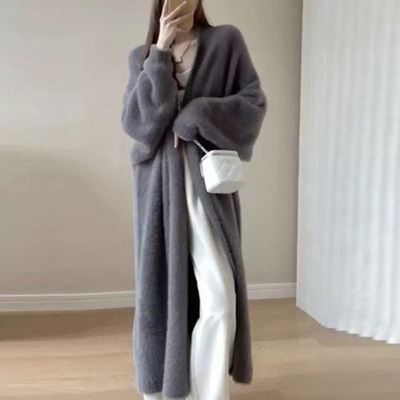 White Long Cardigan for Women Winter Clothes Knitted Fluffy Long Sleeve Cashmere Sweater Coat Clotkorean Style Warm Vintage
