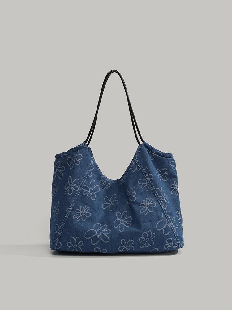 

Korean large-capacity denim canvas tote bag retro niche printing design shoulder bag commuter versatile handbag синий
