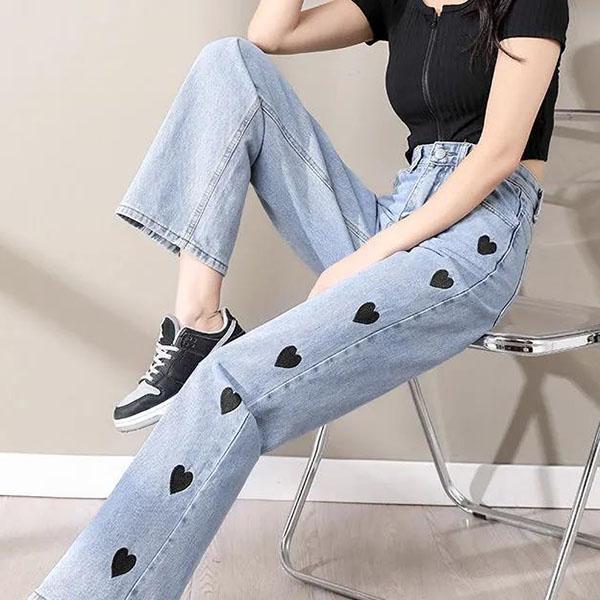 Women's Large Size Printed Long Jeans Female Casual Wide Leg High Waist Pants Loose Versatile Street Style Straight Pants