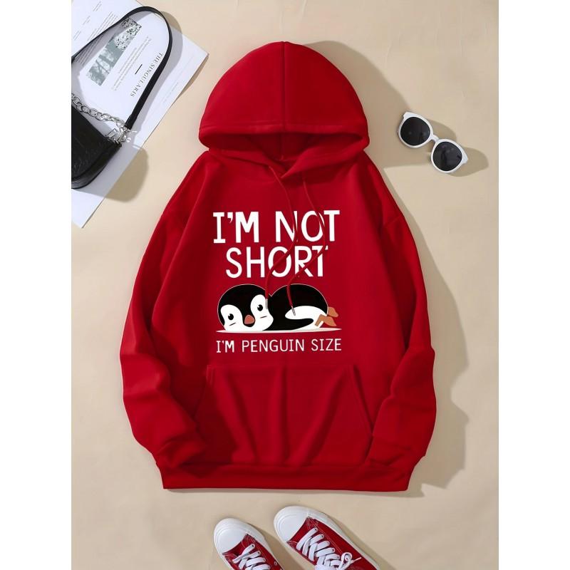 Cute Penguin Print Hoodie Loose Fit Long Sleeve Pullover Sweatshirt Men Casual Wear