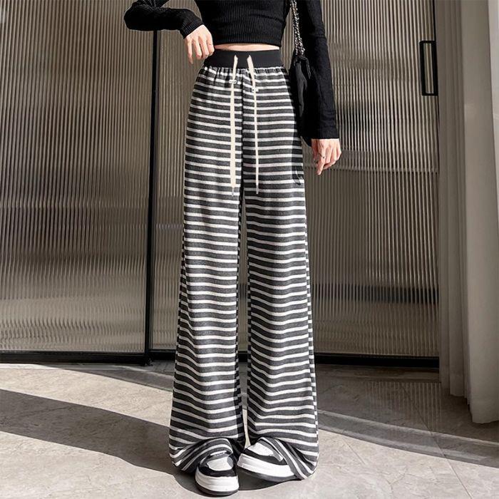 Women's High Waist Striped Wide-Leg Pants - Spring/Autumn Slimming Casual Mop Pants, Available In Small To Plus Sizes.