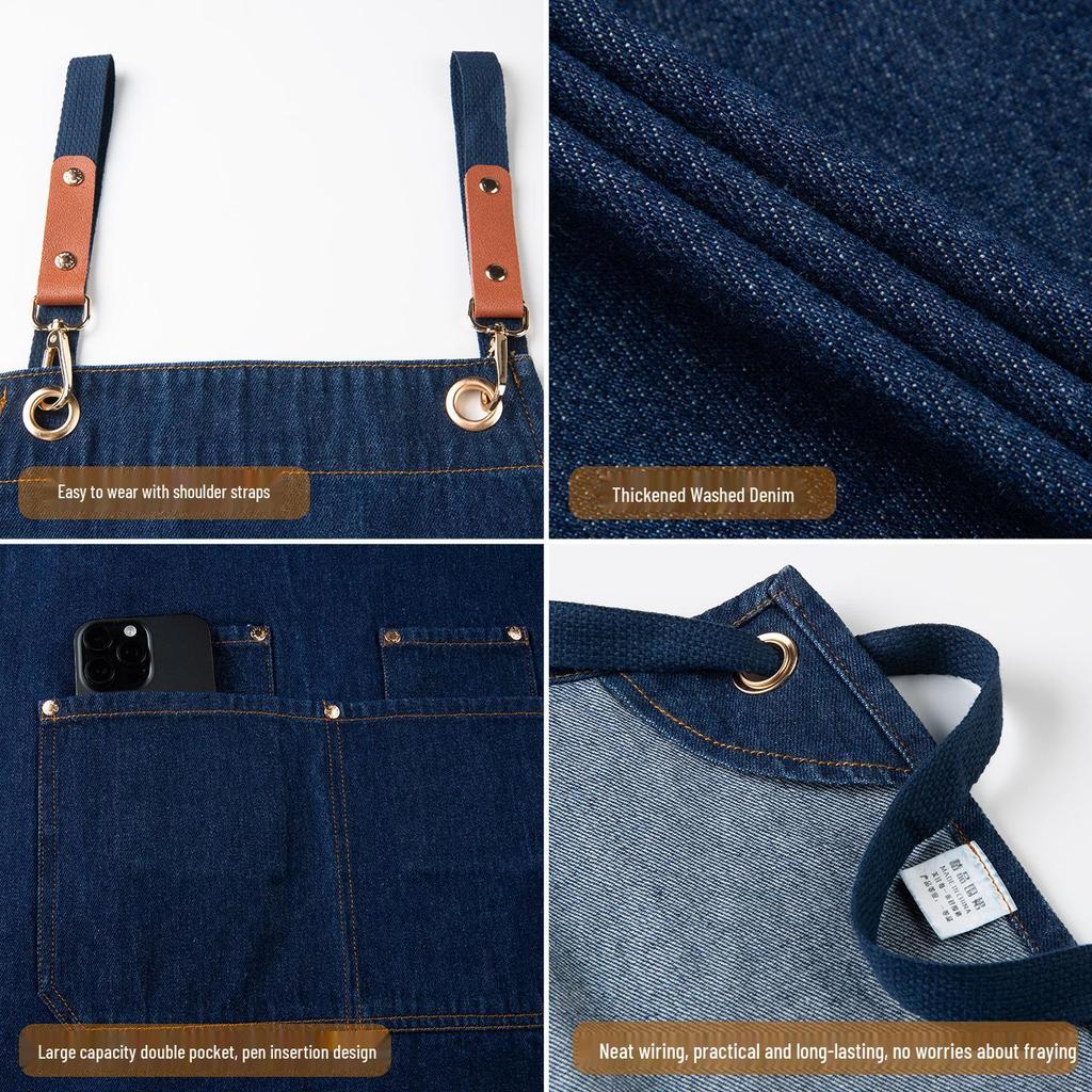 Waterproof Oil-Proof Fashion Denim Apron for Adults - Perfect for Kitchen, Catering, and Coffee Shop Work