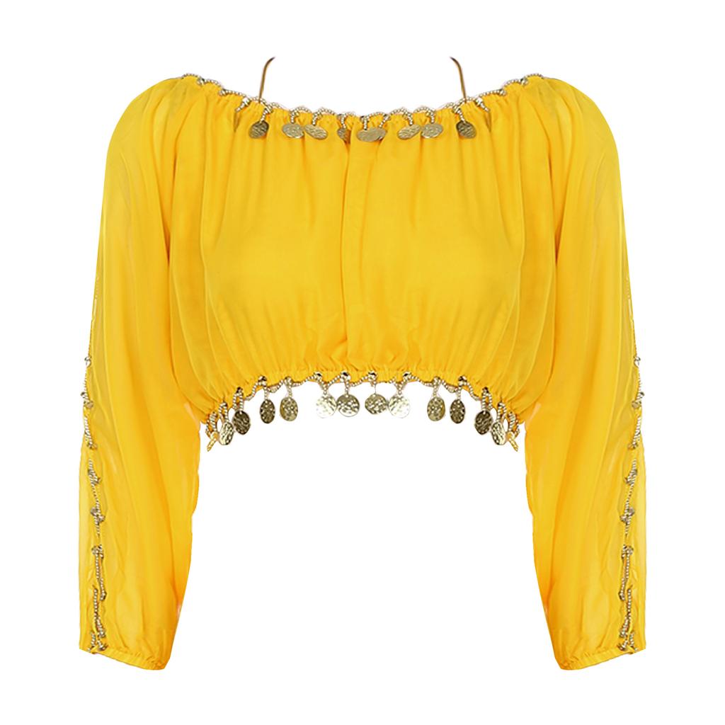 Womens Sequined Beaded Belly Dance Crop Top Long Puff Sleeve Split Halloween Party Costume