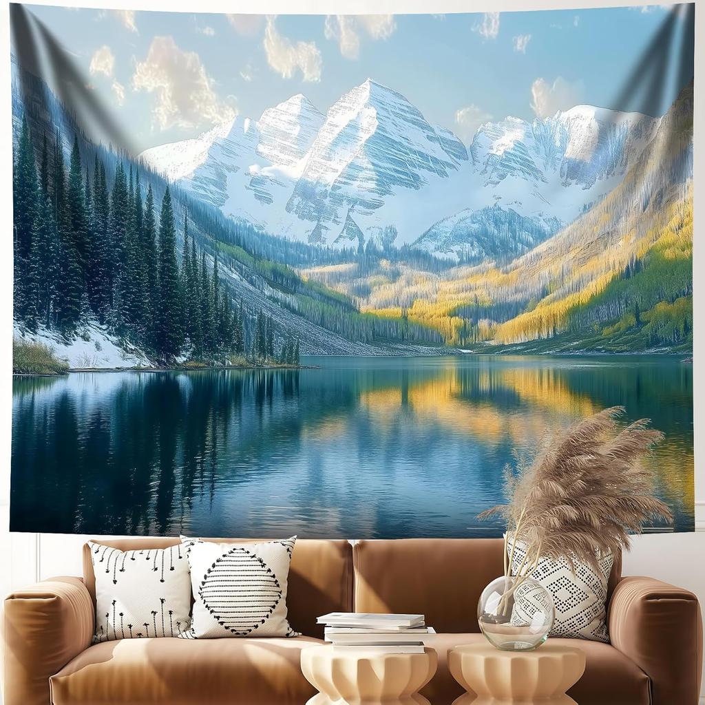 Nature Mountain Forest Tapestry for Bedroom, Landscape Wall Hanging Tapestries, Scenic Green Pine Tree Waterfall Landscape Wall