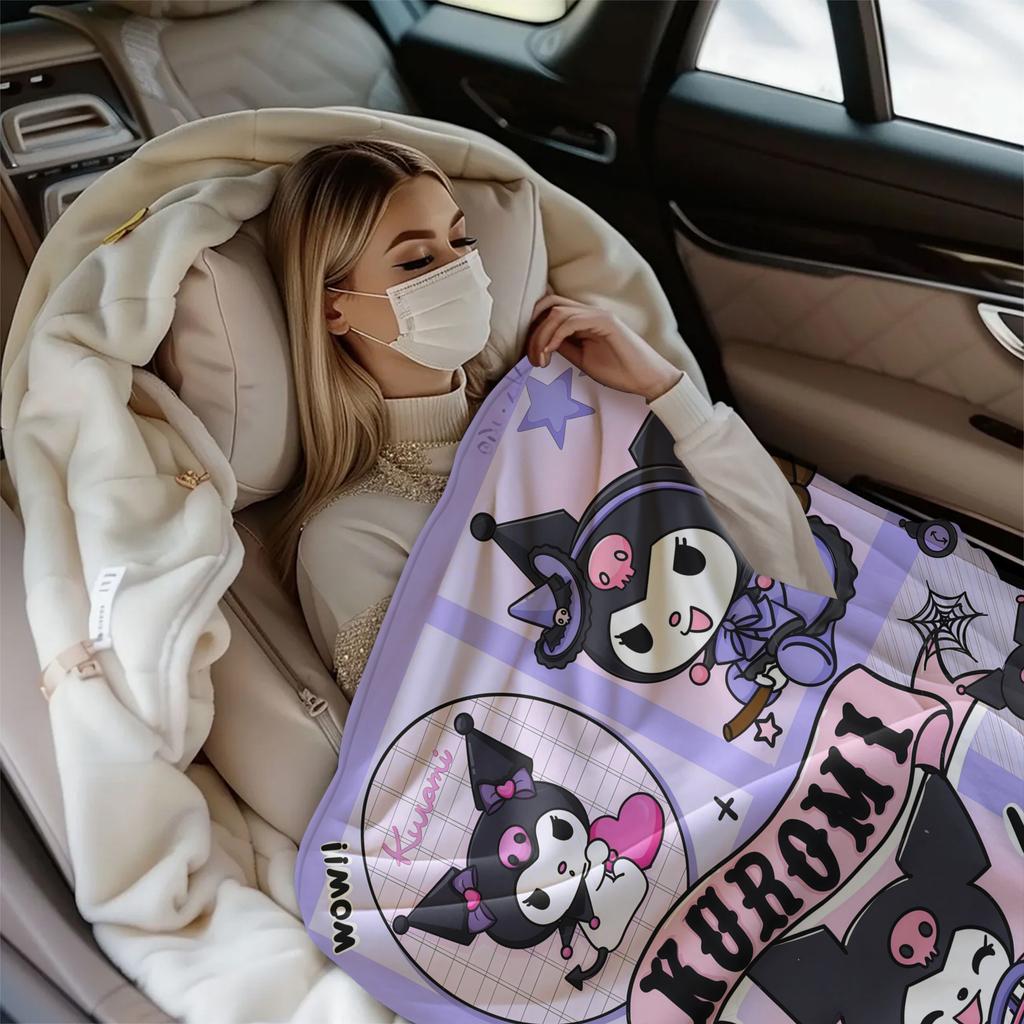 Kuromi Purple Cartoon Car Blanket Cute Comic Strip Pattern Flannel Plush Throw for Home Decor Portable Travel Camping Blanket