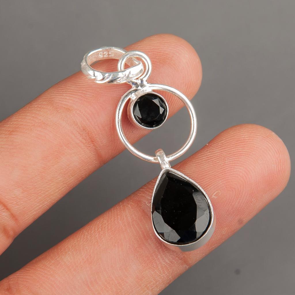 Black Onyx Gemstone 925 Sterling Silver Jewelry Handmade Pendant 1.80" For Women PP-10-13