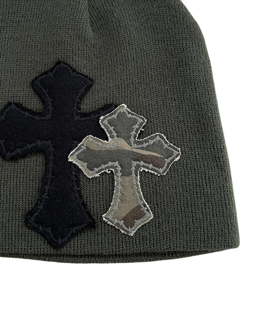 SK8ER ROCK Double Cross Patchwork Beanie ((Dark Khaki))